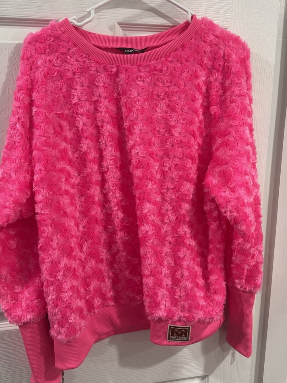 chic Hot Pink Textured Crewneck Sweater